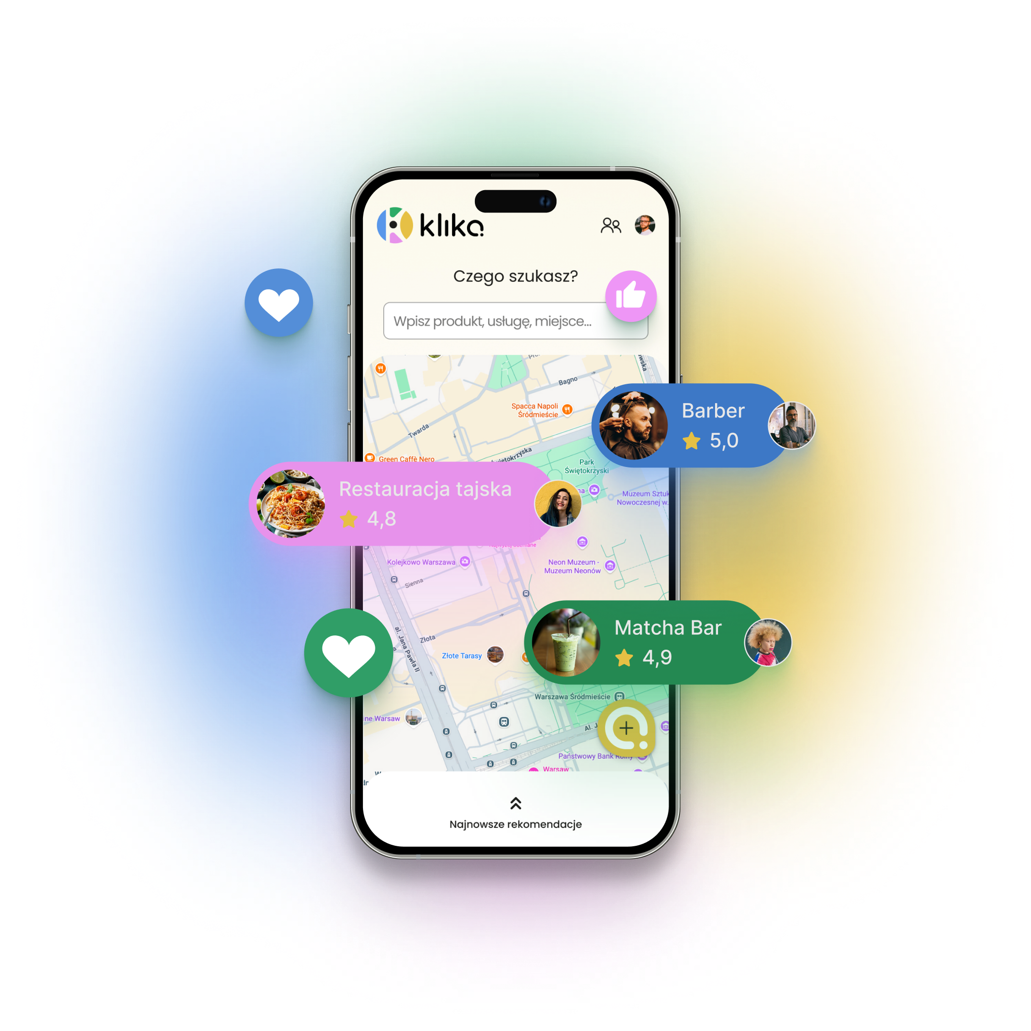 Klika app — mapa z rekomendacjami